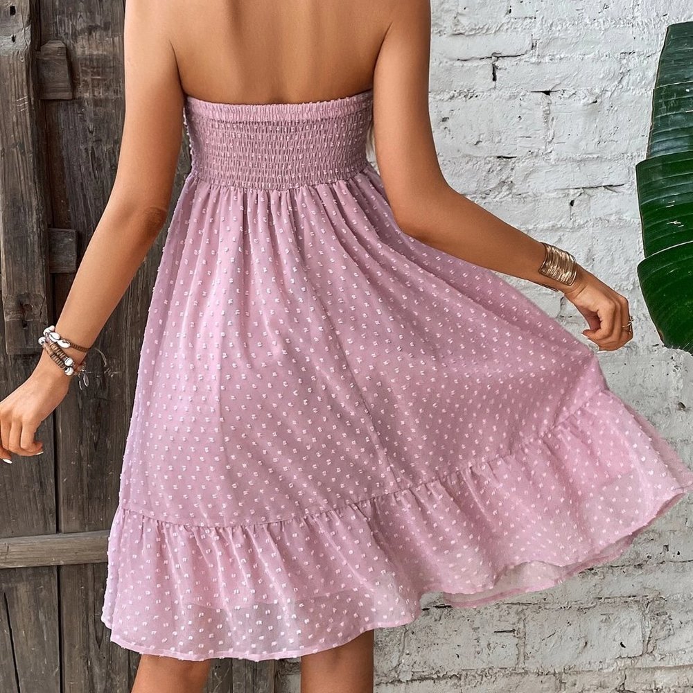 Dusty Pink Boho Womens Swiss Dot Knot Front Ruffle Hem Tube Dress - Picture 4 of 5